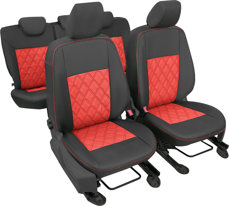 Авточехлы Volkswagen Caddy III (2004-2015) (5 мест) (205) "Двойной ромб" экокожа, черно-красный