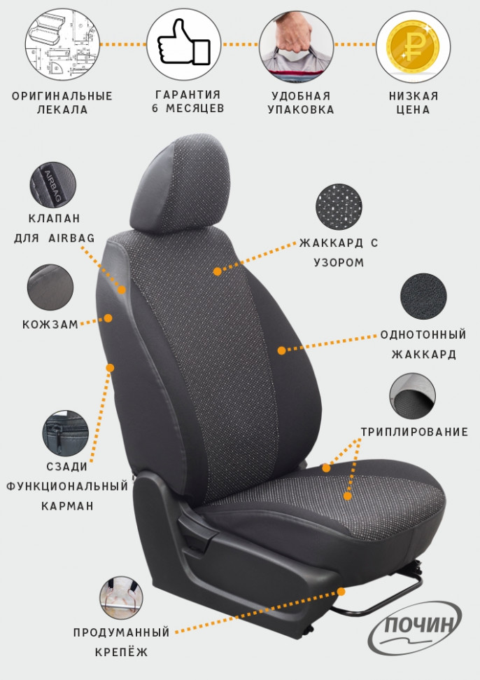 Авточехлы Hyundai Solaris II / Kia Rio IV / X-Line "Лима" жаккард-экокожа, соты